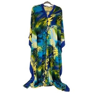 Diamond Tea Shirt M Medium 46" Zipper Floral Blue Yellow Kaftan Oversized Stretc